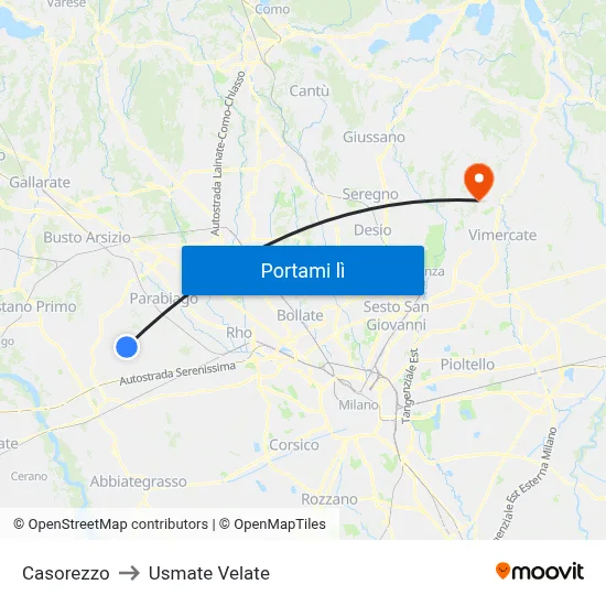 Casorezzo to Usmate Velate map