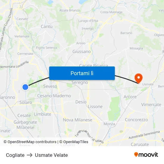 Cogliate to Usmate Velate map