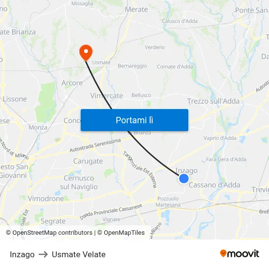 Inzago to Usmate Velate map