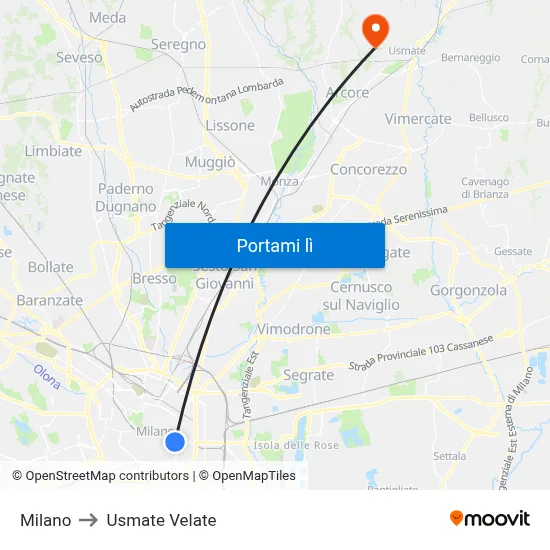 Milano to Usmate Velate map