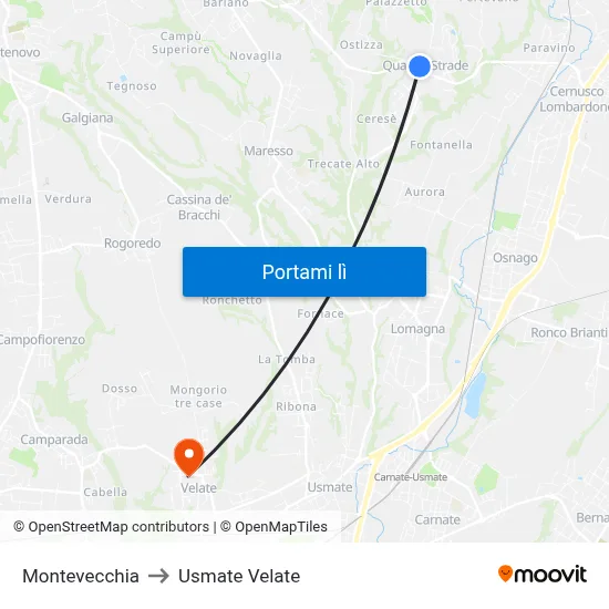 Montevecchia to Usmate Velate map
