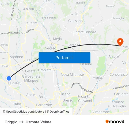 Origgio to Usmate Velate map