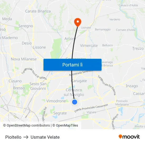 Pioltello to Usmate Velate map