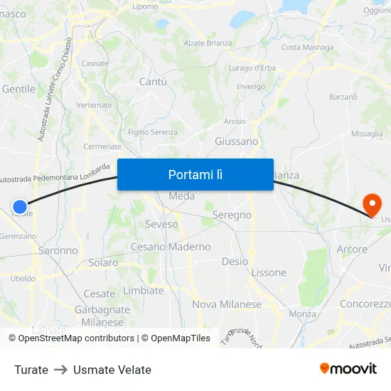 Turate to Usmate Velate map
