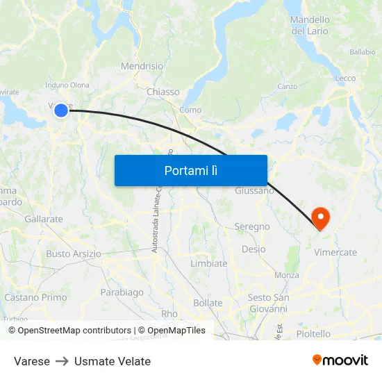 Varese to Usmate Velate map