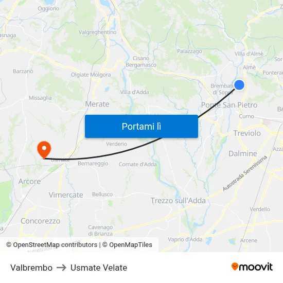 Valbrembo to Usmate Velate map