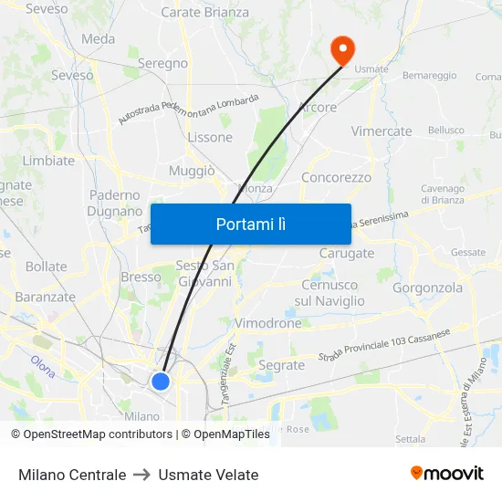 Milano Centrale to Usmate Velate map