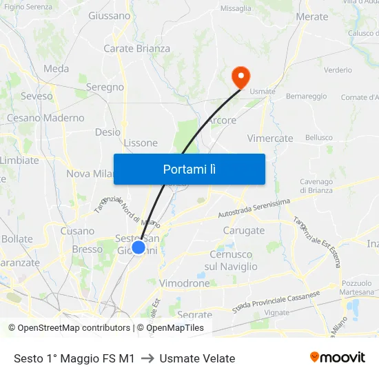 Sesto 1° Maggio FS M1 to Usmate Velate map