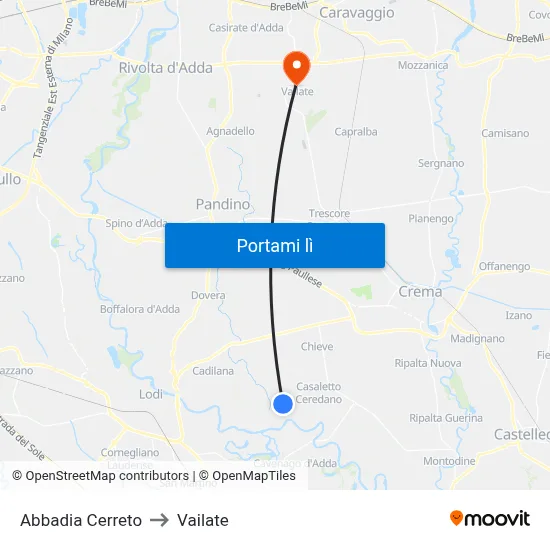Abbadia Cerreto to Vailate map