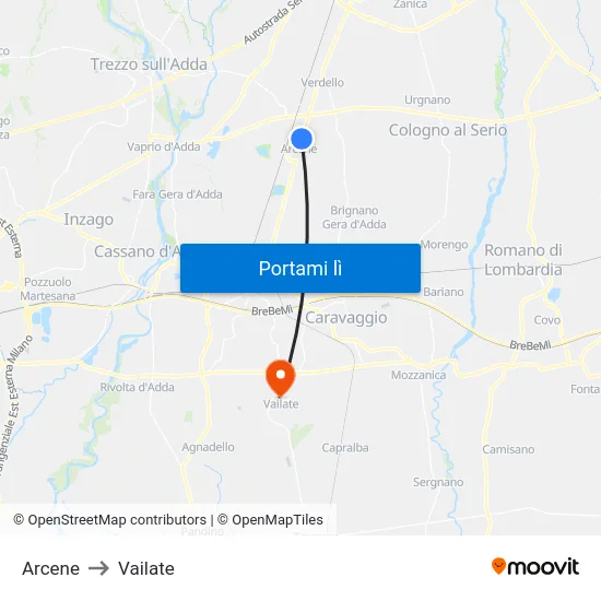 Arcene to Vailate map