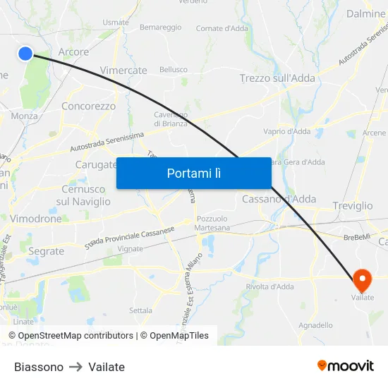 Biassono to Vailate map