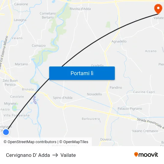 Cervignano D' Adda to Vailate map