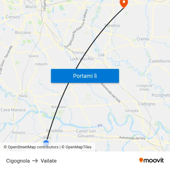 Cigognola to Vailate map