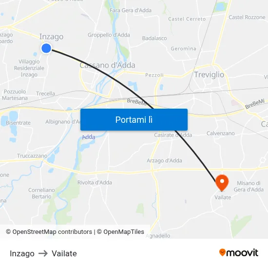 Inzago to Vailate map