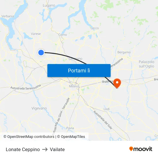 Lonate Ceppino to Vailate map