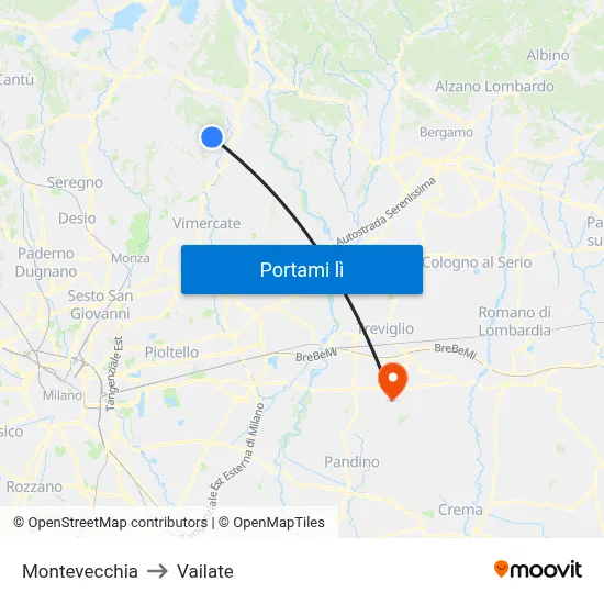Montevecchia to Vailate map