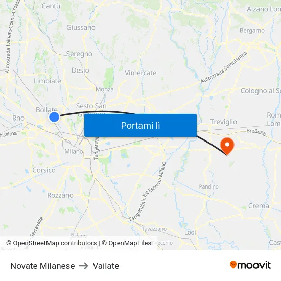 Novate Milanese to Vailate map