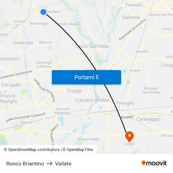 Ronco Briantino to Vailate map