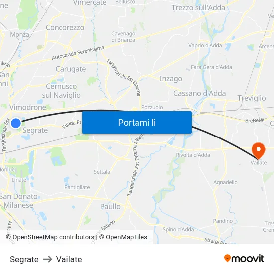 Segrate to Vailate map