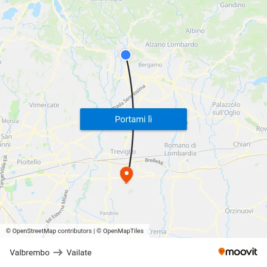 Valbrembo to Vailate map