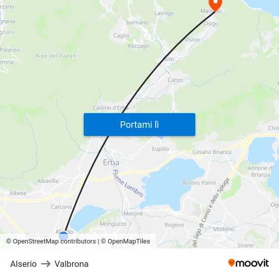Alserio to Valbrona map