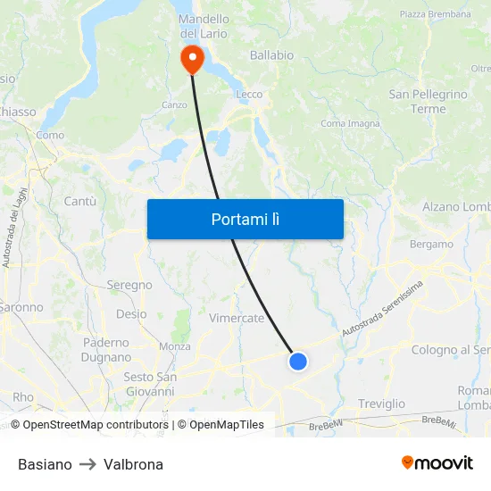 Basiano to Valbrona map