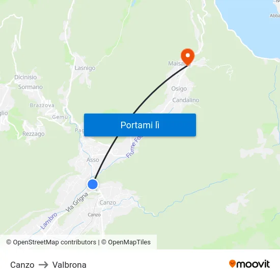 Canzo to Valbrona map
