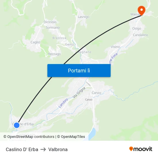 Caslino D' Erba to Valbrona map