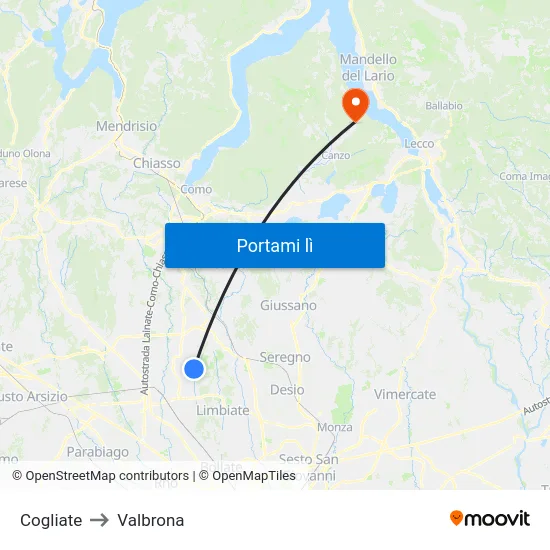 Cogliate to Valbrona map