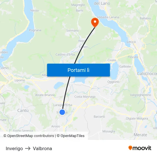 Inverigo to Valbrona map