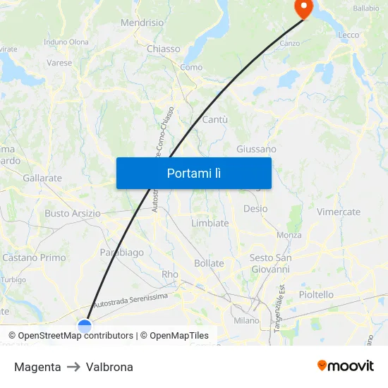 Magenta to Valbrona map