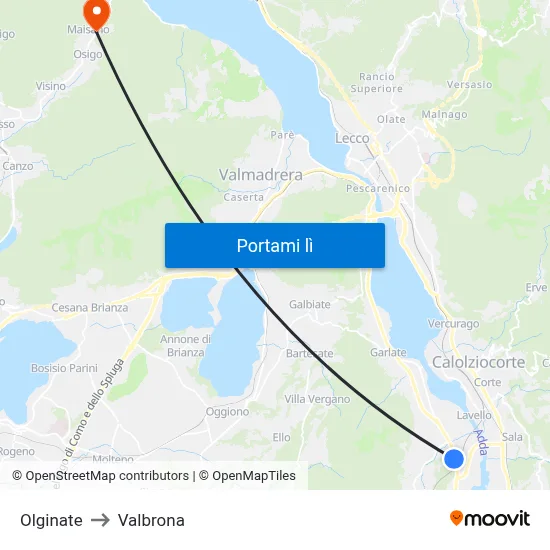 Olginate to Valbrona map