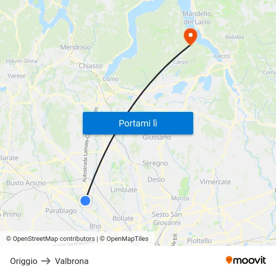 Origgio to Valbrona map