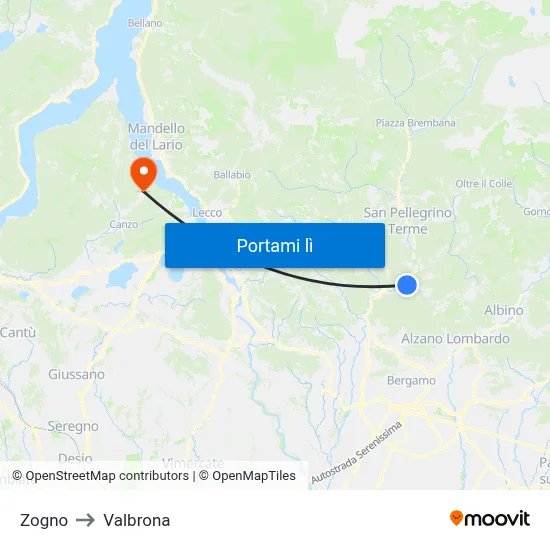Zogno to Valbrona map