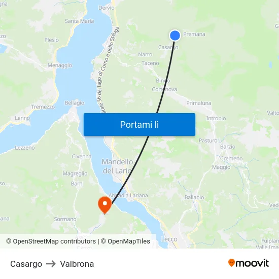 Casargo to Valbrona map