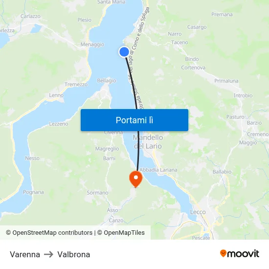 Varenna to Valbrona map