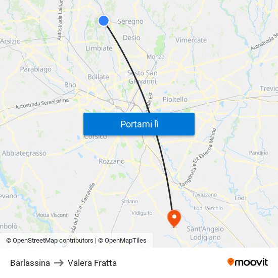 Barlassina to Valera Fratta map