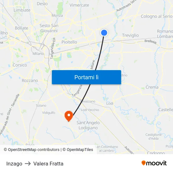 Inzago to Valera Fratta map