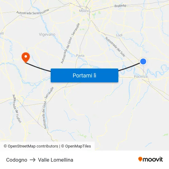 Codogno to Valle Lomellina map