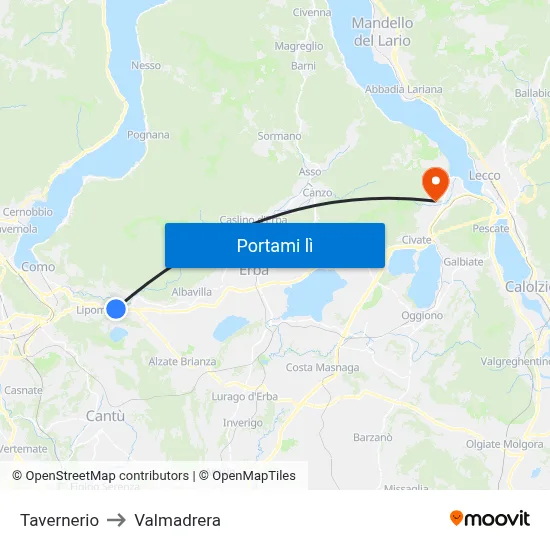 Tavernerio to Valmadrera map