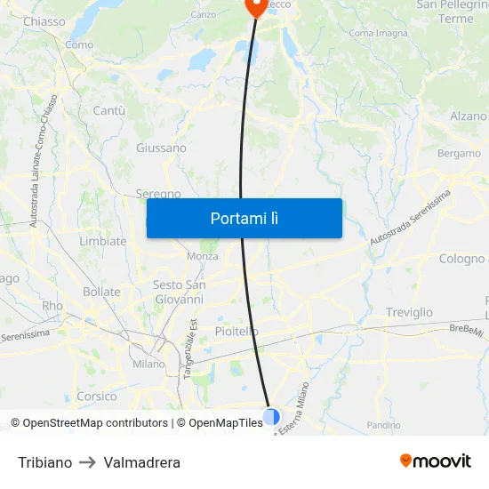 Tribiano to Valmadrera map