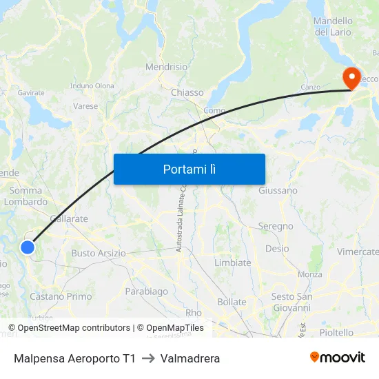 Malpensa Aeroporto T1 to Valmadrera map