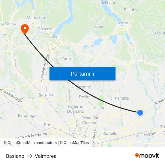 Basiano to Valmorea map