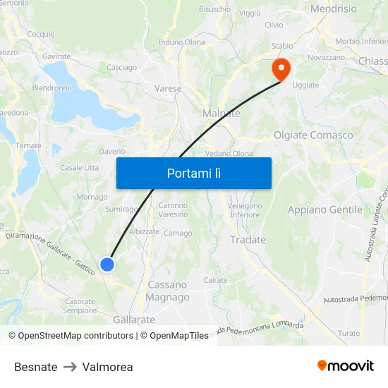 Besnate to Valmorea map