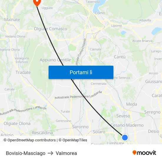 Bovisio-Masciago to Valmorea map