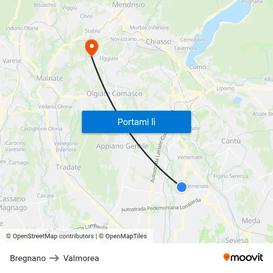 Bregnano to Valmorea map