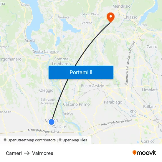 Cameri to Valmorea map