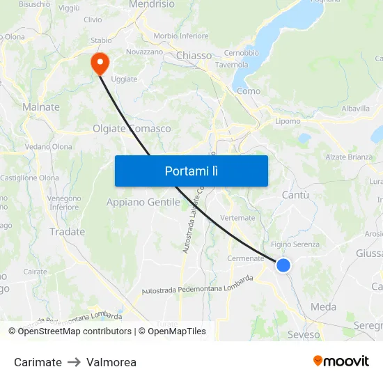 Carimate to Valmorea map