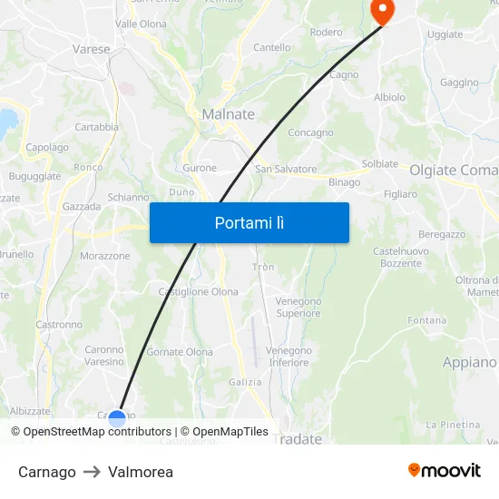 Carnago to Valmorea map