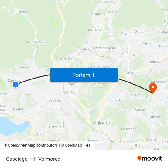 Casciago to Valmorea map